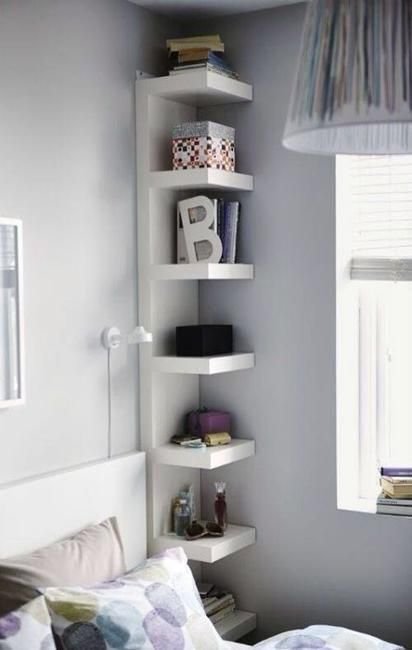 decluttering small room with floating shelves